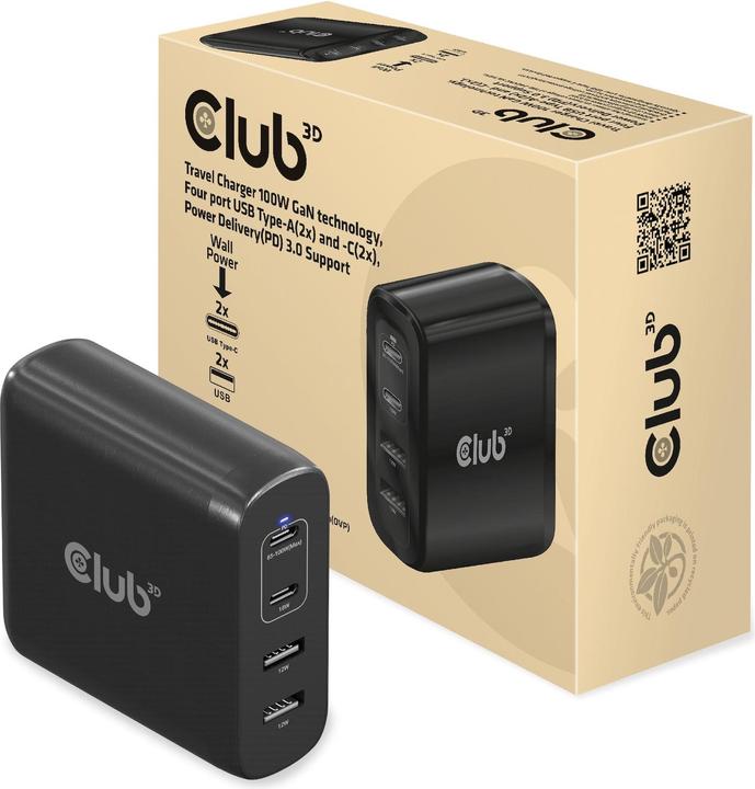 Club 3D Ladegerät 2xUSB Typ C, 2xUSB Typ A, PD 100W retail (100 W, 4 Ports)