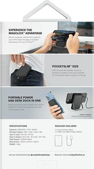 Produktbild Uniq Powerbank Hoveo 5000mAh USB-C 20W PD Fast charge Wireless Magnetic liliowy/lilac lavender (5000 mAh, 20 W)