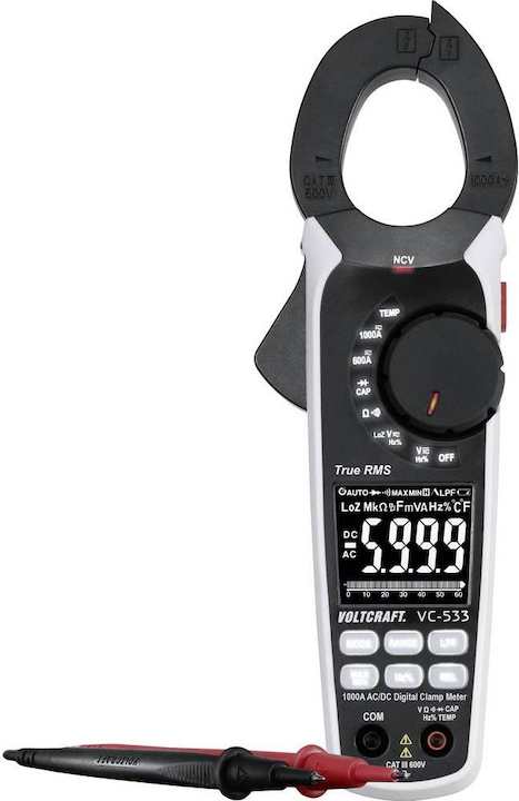 Pinza amperometrica VC-533, puntali di sicurezza, sensore ad aria a termocoppia di tipo K (da -20 a +230°C), adattatore di misura di tipo K, sacchetto di custodia, 3 micro batterie (tipo AAA, 1,5 V), istruzioni per l'uso