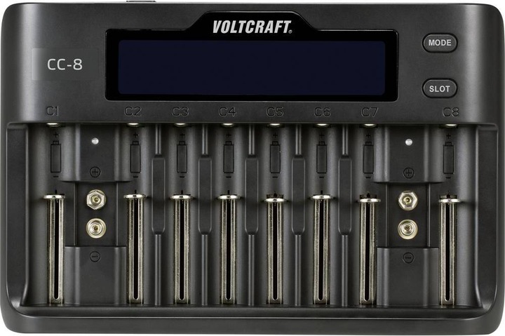 Immagine prodotto Voltcraft Caricatore di celle rotonde CC-8 (1 pz., 10340, 14500, 16340, 17500, 17650, 18490, 18500, 18650, 21700, 22650, 26500, 26650, Sub-C, A, 9V Block, AA, AAA, Caricabatterie senza batteria)