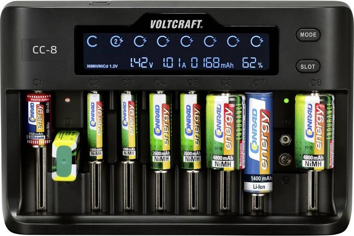 Immagine prodotto Voltcraft Caricatore di celle rotonde CC-8 (1 pz., 10340, 14500, 16340, 17500, 17650, 18490, 18500, 18650, 21700, 22650, 26500, 26650, Sub-C, A, 9V Block, AA, AAA, Caricabatterie senza batteria)