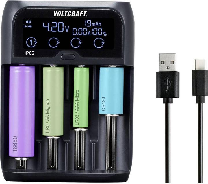 Voltcraft Caricatore per celle rotonde (1 pz., 10440, 14500, 14650, 16340, 17500, 17650, 17670, 18350, 18500, 18650, 22650, 26500, 26650, AA, AAA, C, AAAA, Sub-C, Caricabatterie senza batteria)