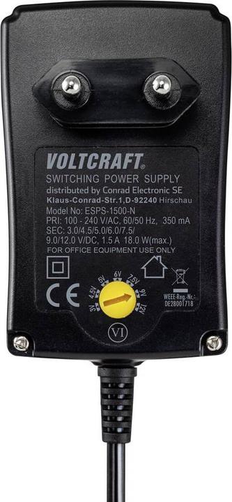 Productafbeelding Voltcraft ESPS-1500-N Plug-in voeding, regelbaar 3 V/DC, 4,5 V/DC, 5 V/DC, 6 V/DC, 7,5 V/DC, 9 V/DC, 12 V/DC
