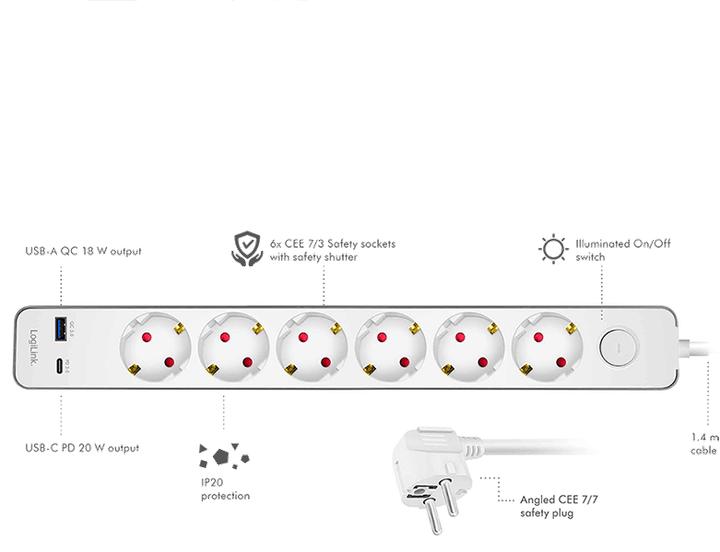 Produktbild LogiLink Prüfen (6x, CEE 7/3, 1.40 m)
