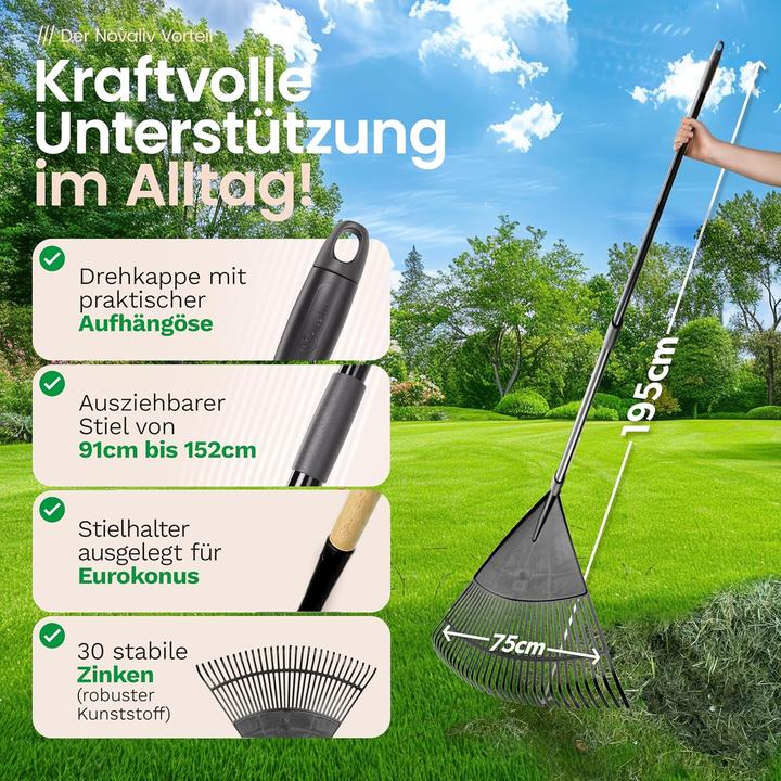 Actual product image Novatool 2X Laubbesen mit Teleskop-Stiel bis 152cm, Laubfeger mit 30 Kunststoff-Zinken, Rechen Arbei