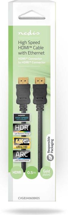 Actual product image Nedis High Speed HDMI ™ Cable with Ethernet | HDMI™ Plug | HDMI™ Plug | 4K@60Hz | ARC | 18 Gb (0.50 m)