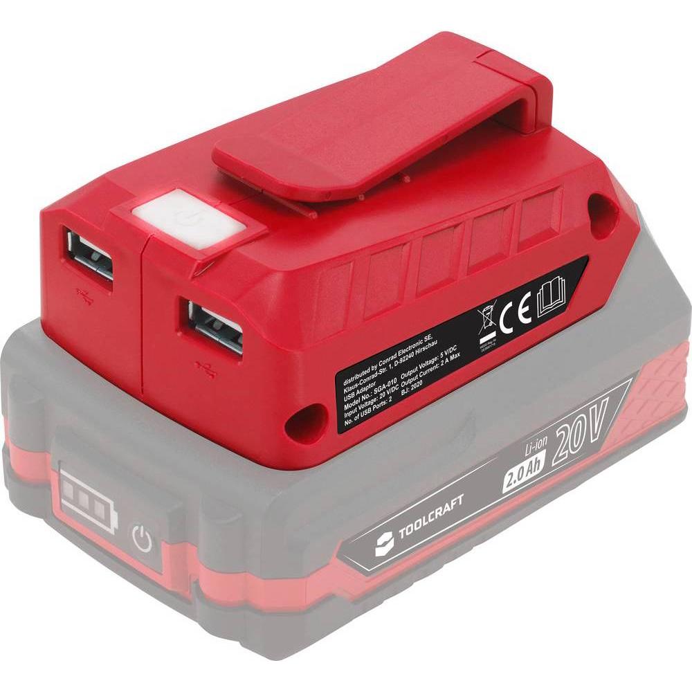 Toolcraft Ladeadapter für 20 V Akkus, USB Ladegerät, Rot