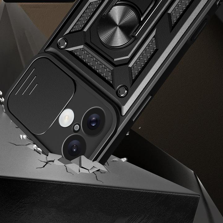 Actual product image Hurtel Hybrid Armor Camshield iPhone 16 Plus Armoured Case with Camera Cover and Stand - Black (Apple iPhone 16 Plus)