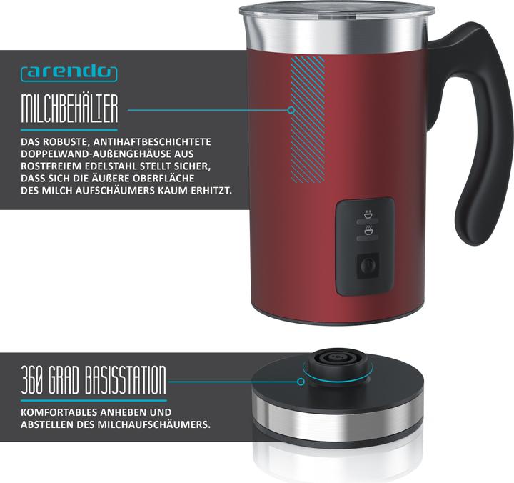Produktbild Arendo Milchaufschäumer 500 W, mit Griff im Edelstahl Doppelwanddesign, Elektrisch, Antihaftbeschichtet (240 ml)