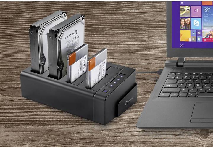 Actual product image Renkforce 2.5 3.5-inch USB 3.2 HDD docking station, 4 ports, with cloning from 1 to 3 (Docking port (proprietary))