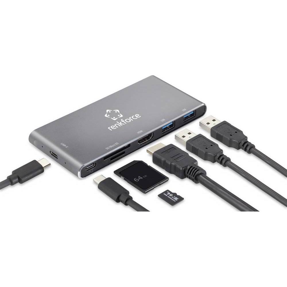 Thumbnail - Renkforce Tragbares Kartenlesegerät mit SSD-Gehäusehub (USB-C, 3 Ports), Dockingstation + USB Hub, Grau
