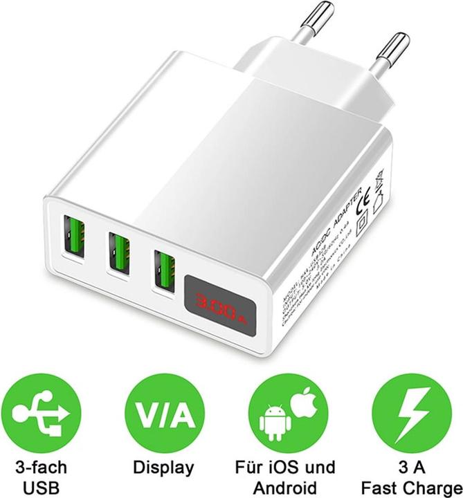 Image du produit Eaxus Chargeur USB 3 compartiments avec indicateur de tension (45 W, 3 ports)