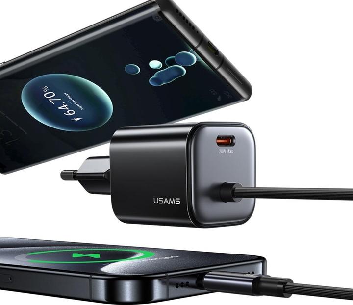 Actual product image Usams Ładowarka sieciowa JC Series CC261 20W GaN Mini Fast Charger 2xUSB-C czarny (20 W, 2 ports)