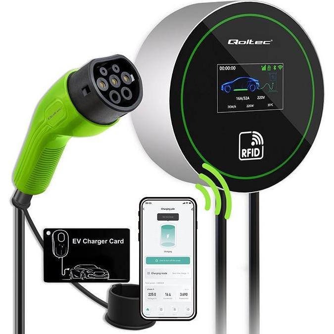 Qoltec, Stazione di ricarica auto elettriche, EV-Ladestation 2-in-1 Typ2 22kW WLAN LCD 3 Phase 5 (Tipo 2, 22 kW)