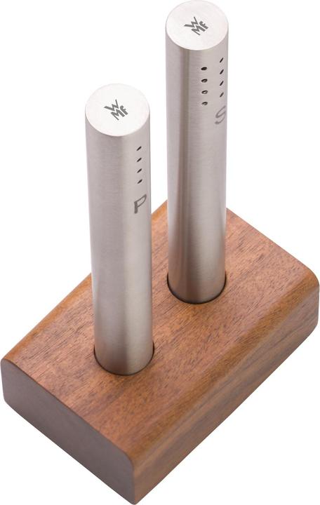 Actual product image WMF Salt shaker and pepper shaker set 3-piece Cromargan stainless steel matt finish with wooden stand (Pepper, Salt)