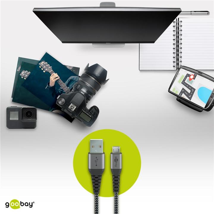 Immagine prodotto Goobay Cavo tessile da micro-USB a USB-A con spine metalliche (grigio spazio/argento) 1 m, 1 m (1 m, USB 2.0)