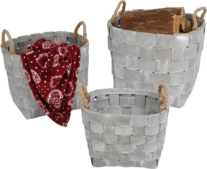 Natura Punto 3-piece basket set fir wood, 2 handles of jute, whitewashed (3 x)