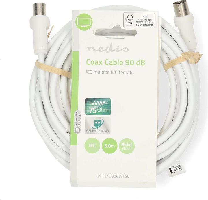 Image du produit Nedis Câble coaxial | IEC (coaxial) mâle | IEC (coaxial) femelle | Nickelé | 90 dB | 75 Ohms | Double (90 dB, Câble d'antenne)