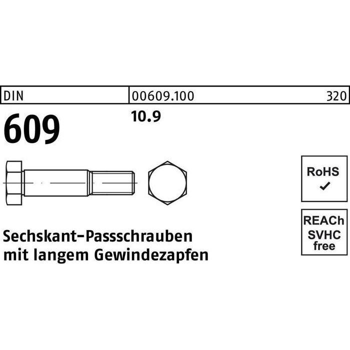 Schrauben, Sechskantpassschraube DIN 609 m.langem Gewindezapfen M 12 x 45 10.9 (25 Schrauben pro Stück)