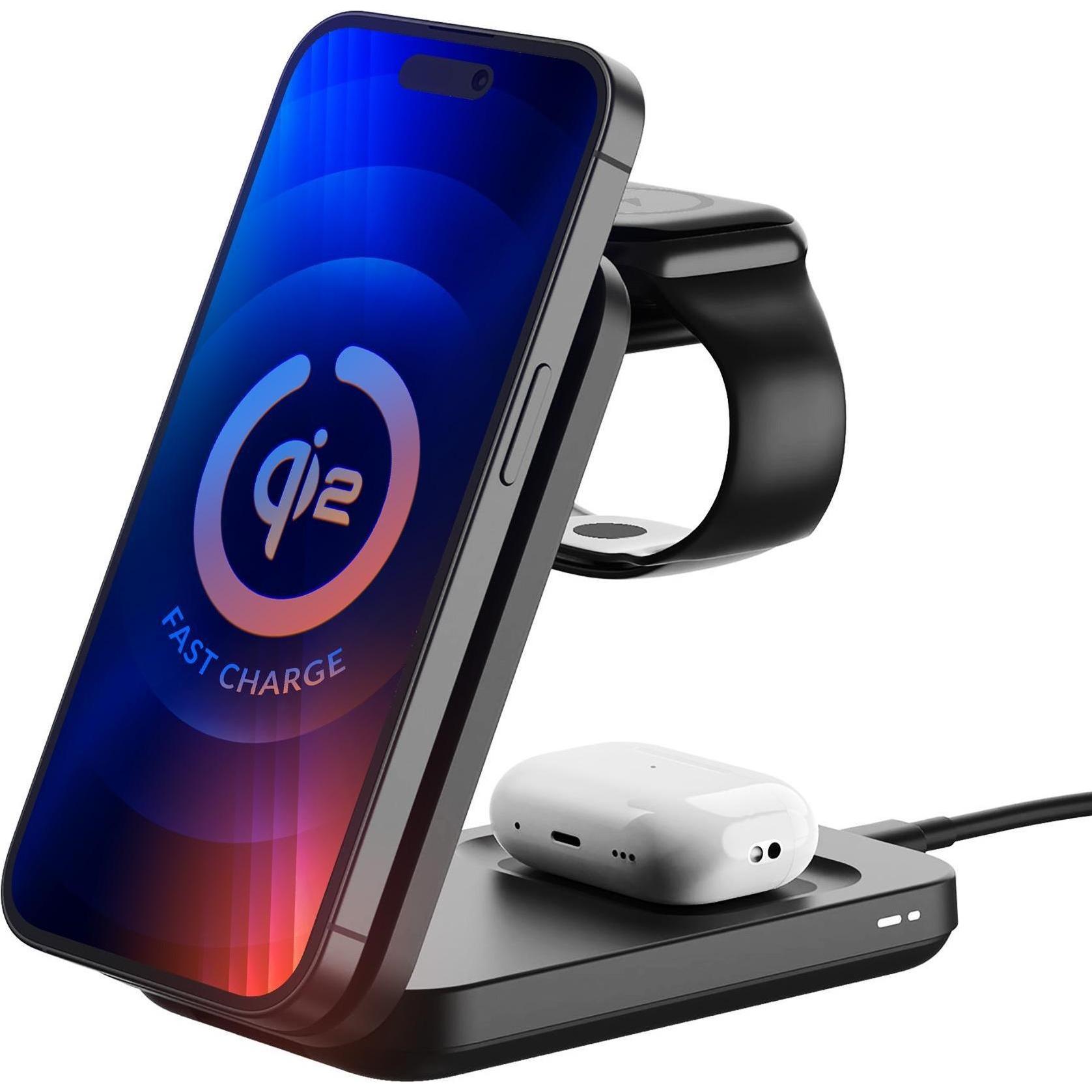 3MK Ładowarka indukcyjna MagRocket 3w1 15W Qi2 MPP czarny (15 W), Caricabatteria senza fili, Nero