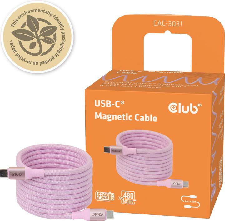 Actual product image Club 3D Club3D Lifestyle USB-C Magnetisches Kabel 240W 2m rosa St/St (2 m, USB 2.0, 240 W)