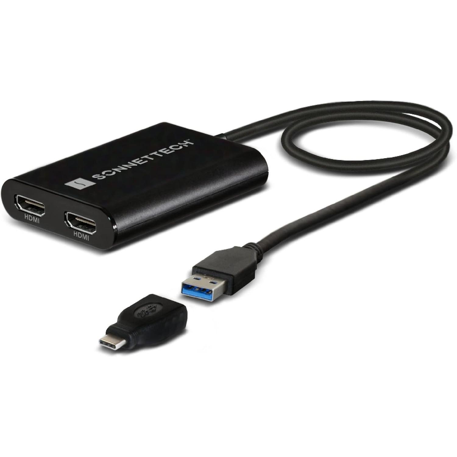 Sonnet Doppio adattatore HDMI 4K 60Hz per Mac M1 Thunderbolt *Nuovo (USB-C, USB-A, HDMI, 50 cm), Adattatore dati + video, Nero
