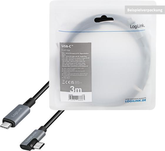 Produktbild LogiLink USB 2.0 Type-C-Kabel, USB-C/M 90° zu USB-C/M, E-mark, PD, schwarz, 2 m (2 m, USB 2.0, 100 W)
