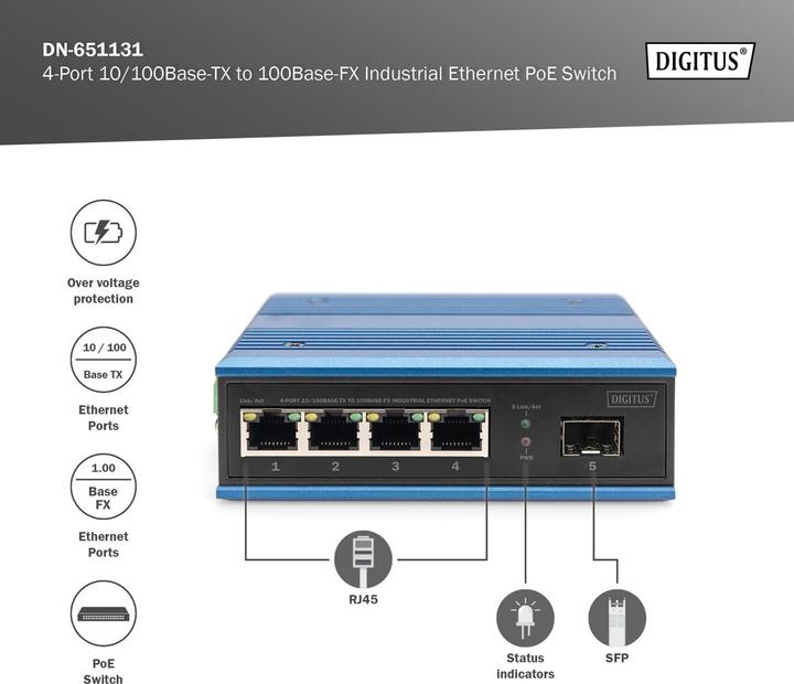Immagine prodotto Digitus Switch Ethernet industriale da 4 porte 10/100Base-TX a 100Base-FX (4 porte)