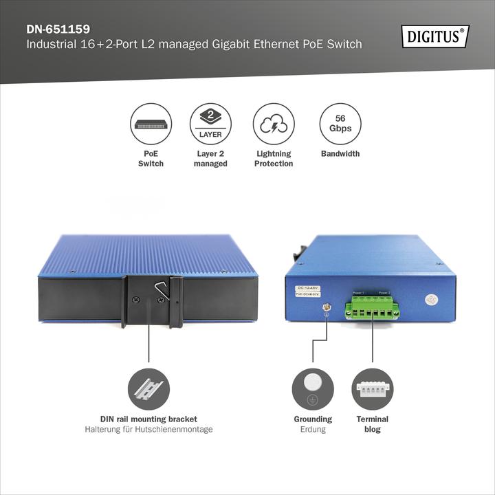 Image du produit Digitus Industrial 8+2-Port L2 managed Gigabit Ethernet PoE Switch (18 ports)