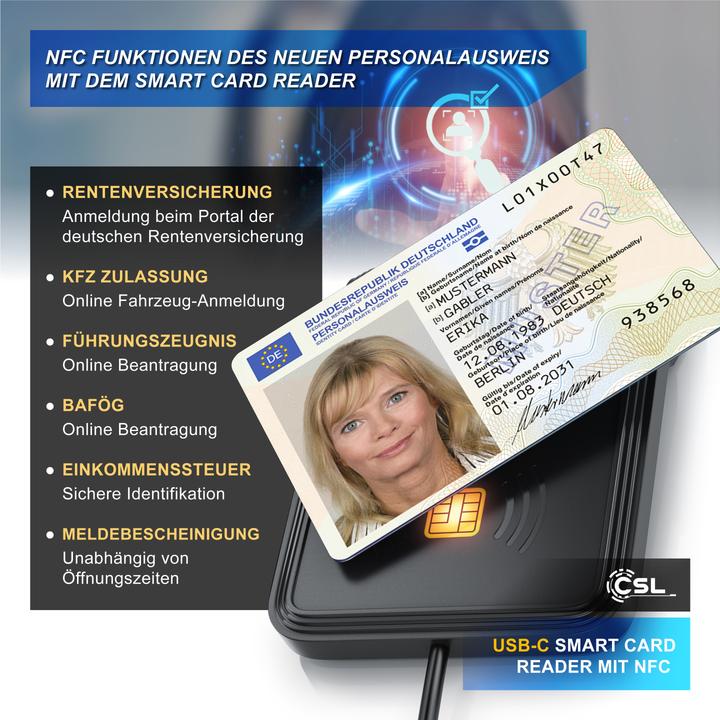Produktbild CSL Chipkartenleser, SmartCard Reader USB C, NFC, SIM Kartenlesegerät, Personalausweis, Bankkarten uvm. (USB-C)