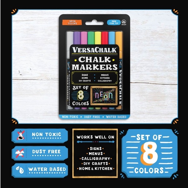 Produktbild VersaChalk - Neon Flüssigkreide Marker 8er Set mit 3mm Spitze (Mehrfarbig, 3 mm, 8 x)