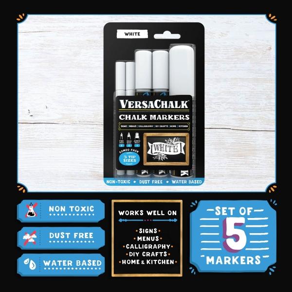Produktbild VersaChalk - Kombi Set mit 5 weissen Kreidemarkern (3mm + 5mm + 15mm) (Weiss, 5 x)