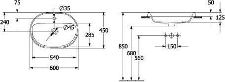 Produktbild Villeroy & Boch V&B Einbauwaschtisch ARCHITECTURA 600x400mm, mit ÜL, ov we (450 mm, 600 mm)