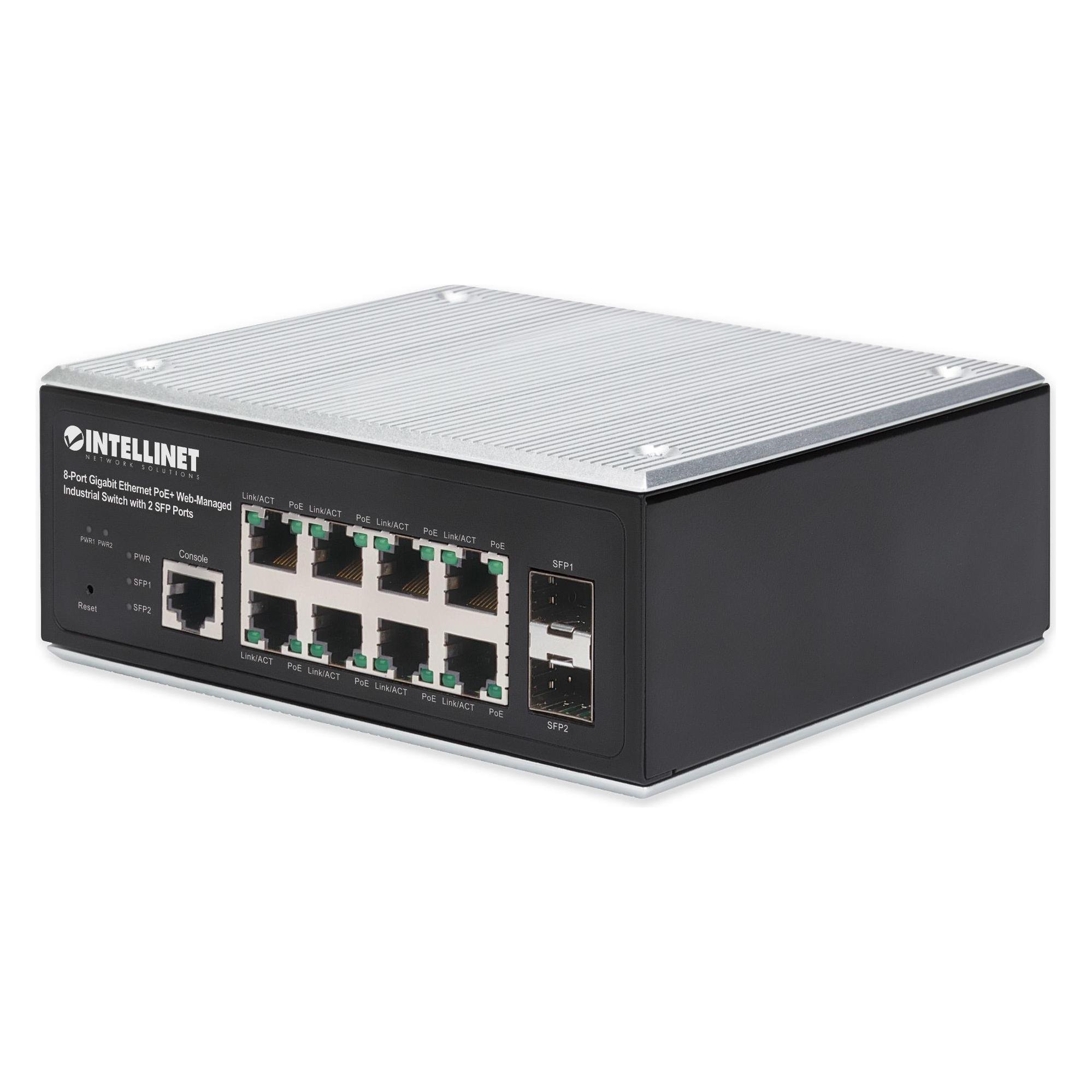 Intellinet 8-poorts Gigabit Ethernet PoE+ Web-Managed Industriële Schakelaar met 2 SFP-poorten (8 ports), Netwerkschakelaar, Zwart