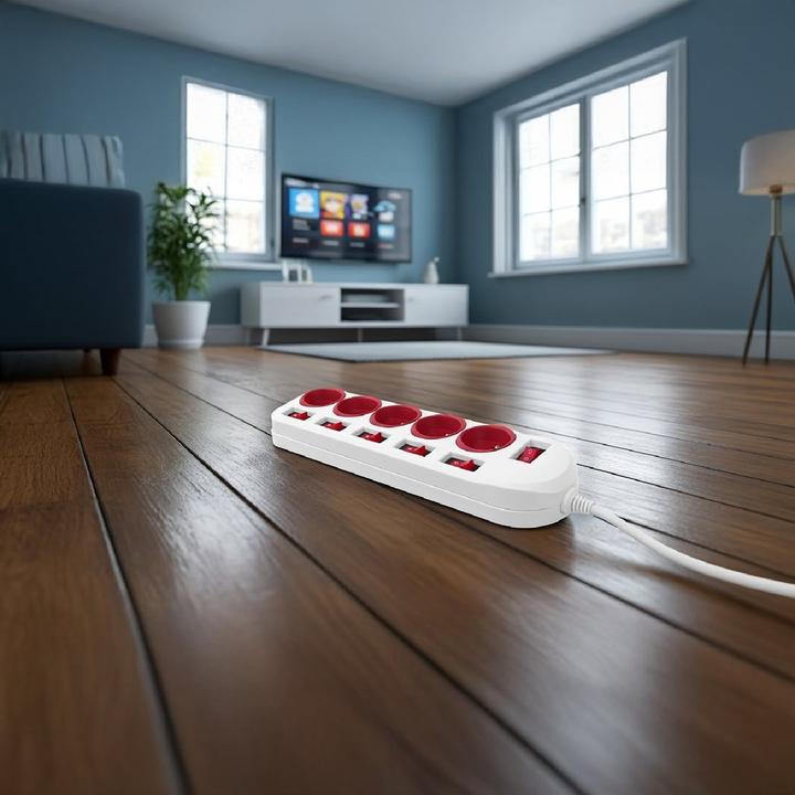 Actual product image Maclean Power strip, extension cord with 5 sockets, with switches, 250 VAC/10 A, 1.5 m, MCE204 R/ (5x, CEE 7/4, 1.50 m)