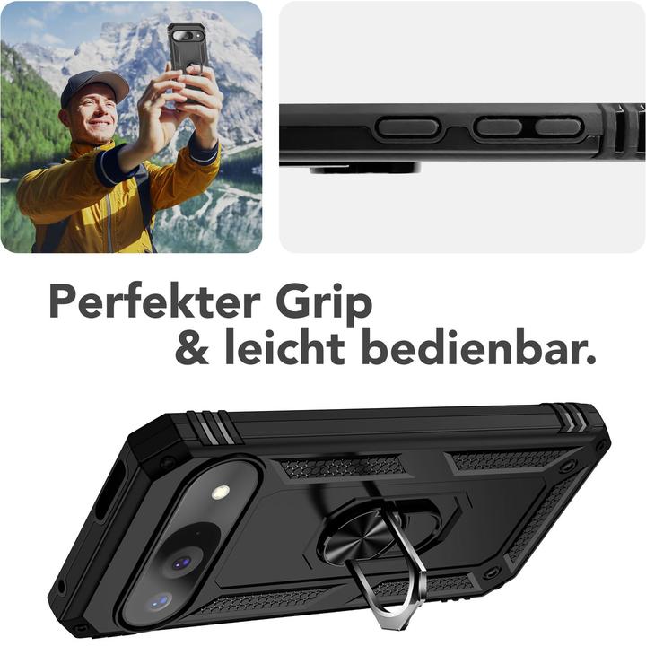 Produktbild Nalia RingDefend - Schwarze Panzerhülle mit 360-Grad Finger-Halter & Ständer - Military Style Cover (Google Pixel 9)