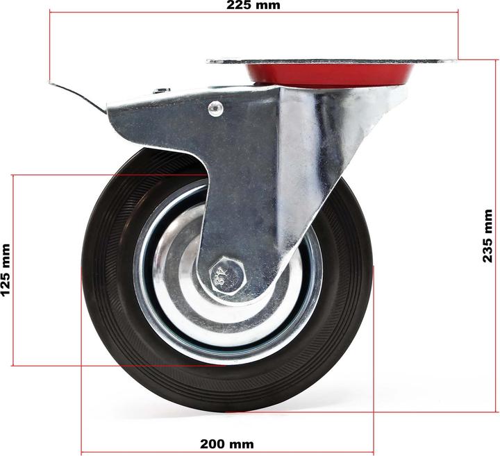Produktbild Wiltec Doppelstopp-Lenkrolle Set 4x Vollgummirad 200mm 150kg Transportrollen