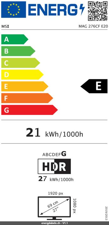 Label énergétique MSI Moniteur LCD||MAG 276CF E20|27"|Gaming/Curved|Panneau VA|1920x1080|16:9|200 Hz|0.5 ms|MAG276CFE20 (1920 x 1080 pixels, 27")