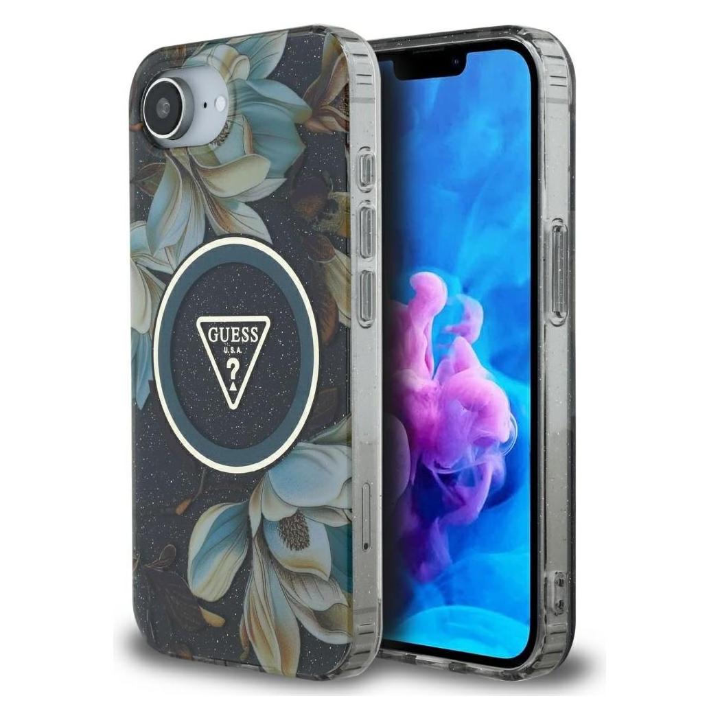 Guess Case Iml Metal Glitter Flowers Triangle MagSafe For IPhone 16e Black (Apple IPhone 16e), Smartphone Hülle, Schwarz