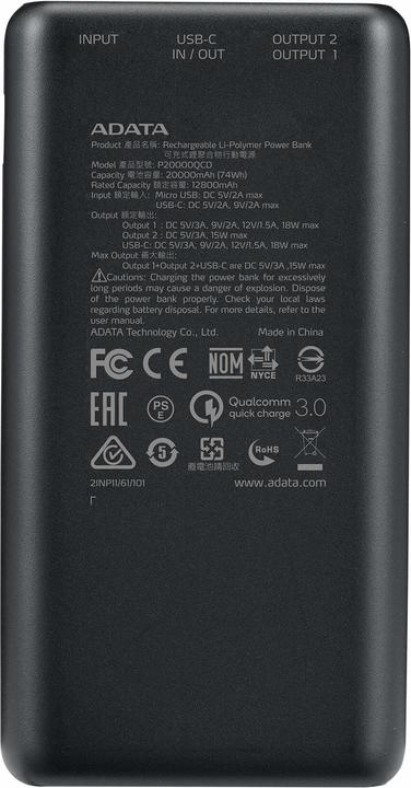Produktbild Adata Power Pack P20000QCD Schwarz (20000 mAh, 18 W, 74 Wh)