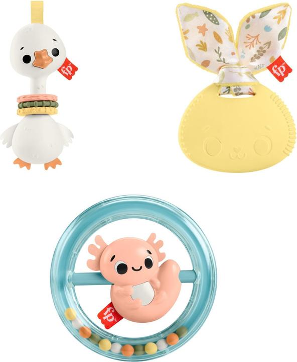 Actual product image Fisher-Price Toy collection for babies with animal motifs, teething ring, rattle and clacker toy for newborns