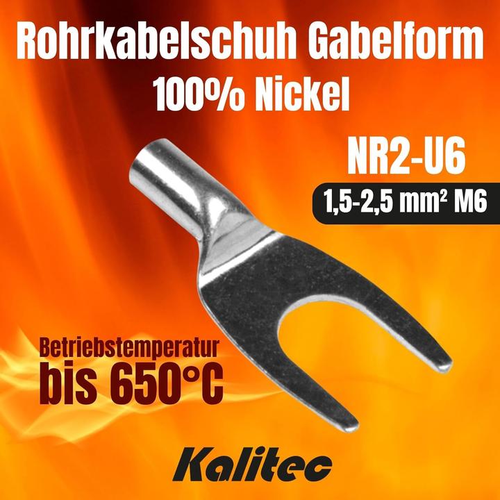 Actual product image Kalitec 10 pieces NR2-U6 tubular cable lug pure nickel 1.5-2.5mm² M6 fork shape I for very high temperature