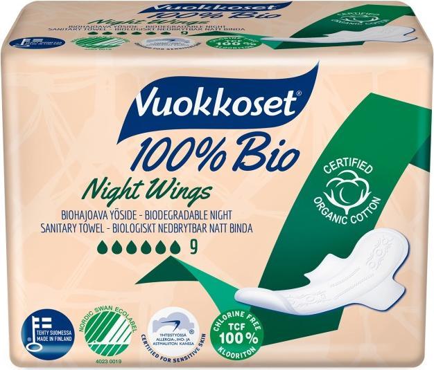 Immagine prodotto Vuokkoset 100 % BIO, assorbenti igienici con ali per la notte, 9 pezzi.