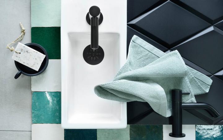 Produktbild Differnz Ravo Fonteinset - Wasbak Keramiek - Wit - Gebogen Kraan - Mat Zwart - Standaard Greep - 38.5 x 18.5 (185 mm, 385 mm)