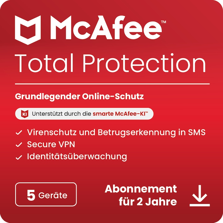 McAfee Total Protection - 5 Geräte (5 Utilisateur, 5 Périphériques/Utilisateurs, 24 mois)