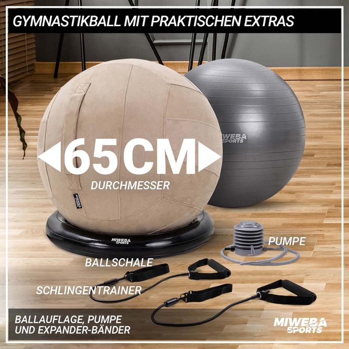 Produktbild Miweba Sports 4in1-Gymnastikball-Set Sitzball Ballschale Bezug Yoga Fitnessball (Beige) (65 cm)