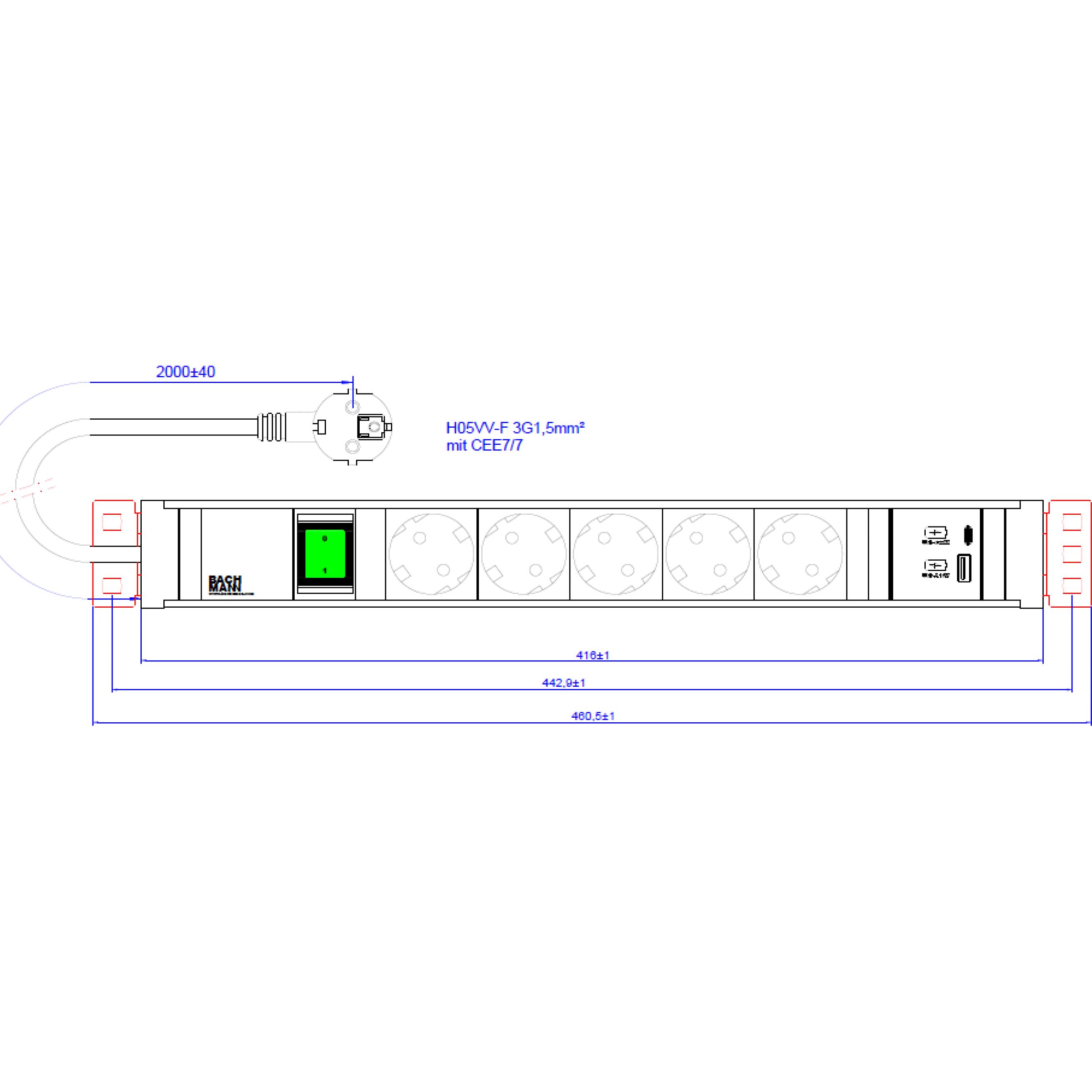 Thumbnail - Bachmann, Steckdosenleiste, Handwerkerleiste 12x Schutzkontakt 2m (5 x, CEE 7/3, 2 m)