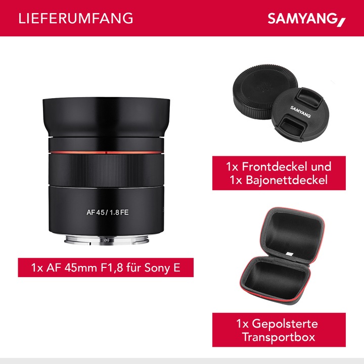 Actual product image Samyang AF 45mm F1.8 FE (Sony E, full size, APS-C / DX)