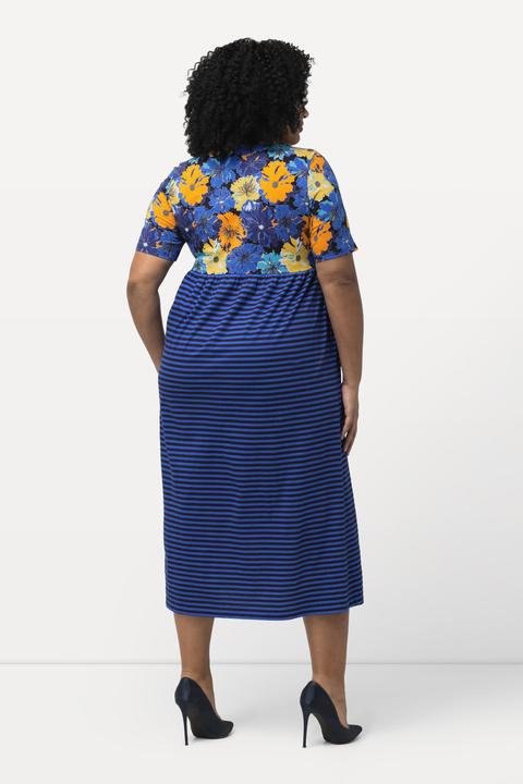 Image du produit Ulla Popken Robe en jersey à fleurs/rayures. Coupe trapèze, col rond et manches courtes (50, 52)