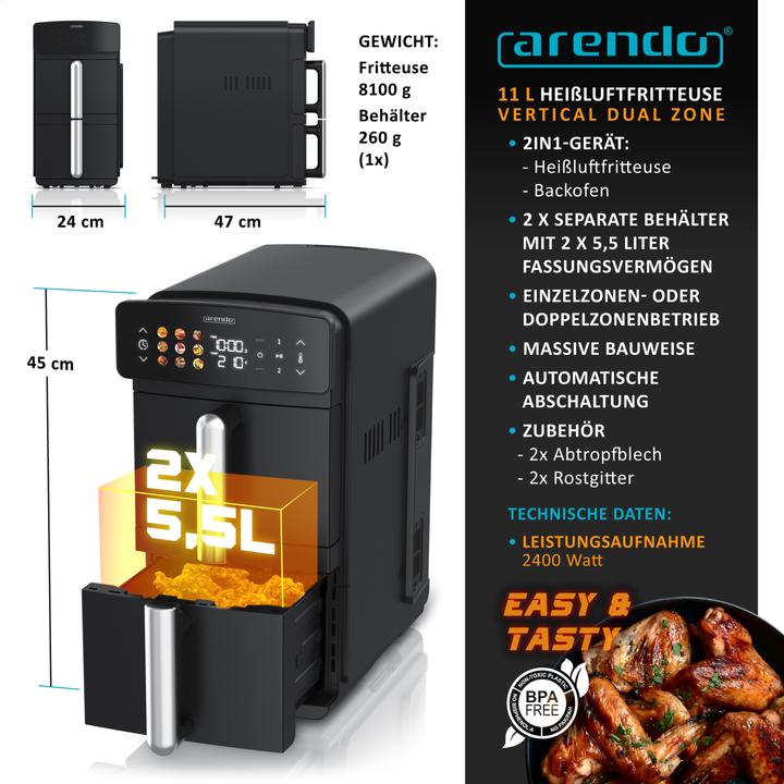Produktbild Arendo Heissluftfritteuse, 2 Kammern Übereinander, XXL Doppelkammer Airfryer 11 L, Dual Zone, 2400 W
